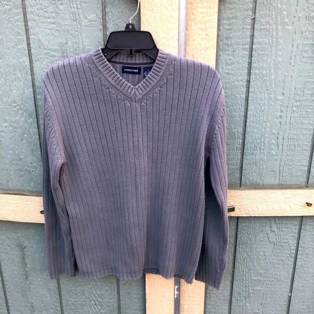 Mens gray V neck ribbed sweater winter classic